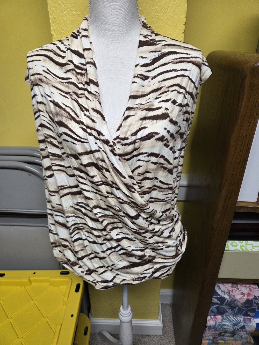 INC International Concept Women's Brown and Cream Zebra Print Surplice Top